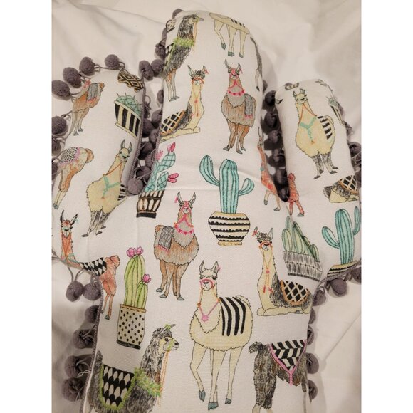 Cactus Shaped Llama & Cactus Print Pillow With Pom-Pom Trim - Picture 3 of 6